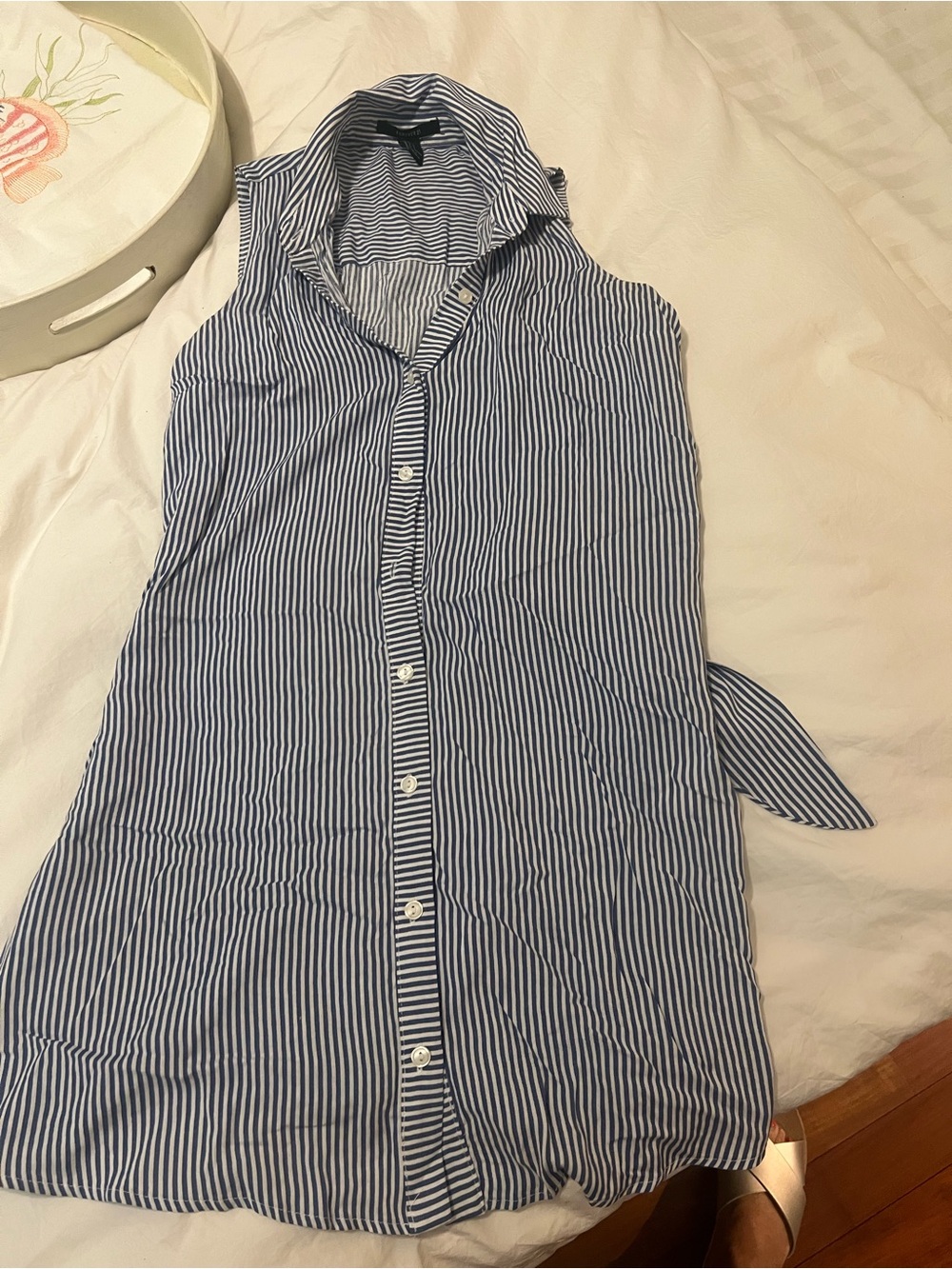 Blue and White Stripe Sleeveless Button-Up Shirt Dress